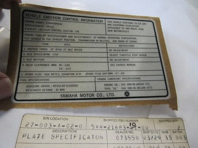 NOS YAMAHA 1983 XS650SK SPEC PLATE LABEL PART# 5V4-21683-10-00